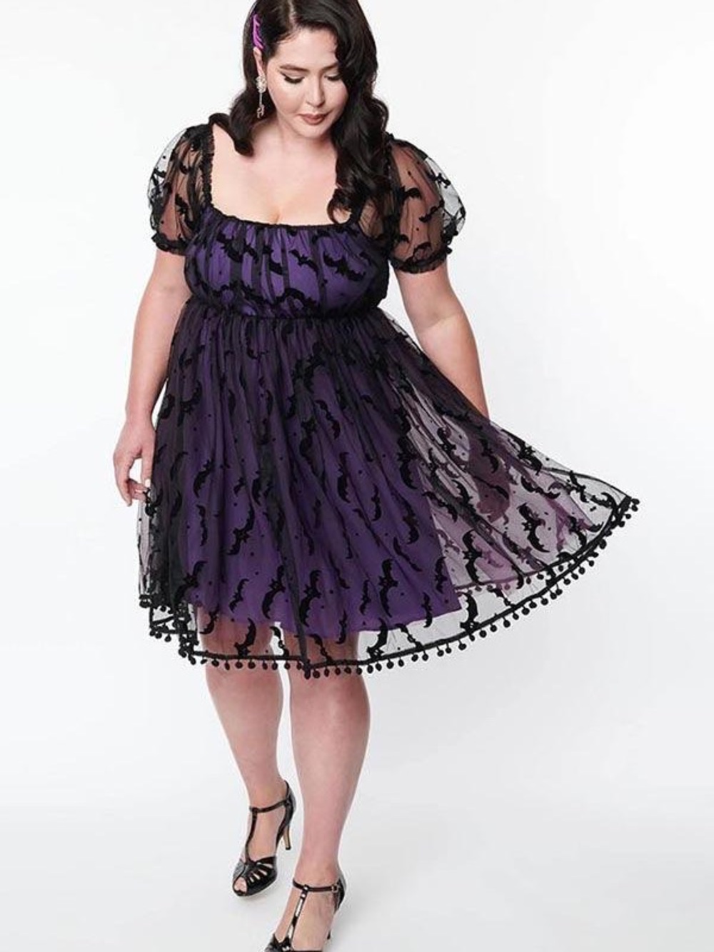 Unique Vintage Purple Puff Sleeve Bat-Print Mini Dress